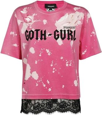 Dsquared2 Tops, Dames, Roze, M, Katoen, T-shirt met Distressed Lace Trim