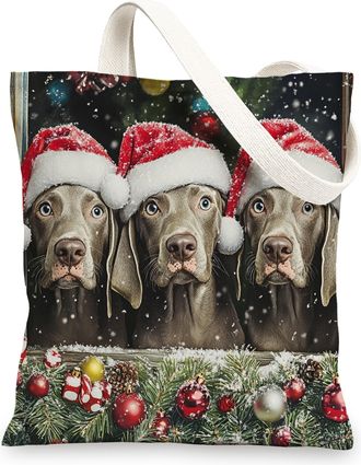 Generic Christmas Weimaraner Dog Canvas Tote Bag for Shopping 13x15, Winter Farmhouse Xmas Puppy Reusable Grocery Print Pattern Bag for Women Men, Happy New Y