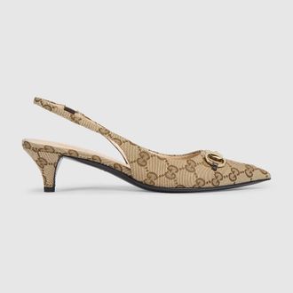 Gucci Womens Slingback Pump With Horsebit, Beige, GG Canvas