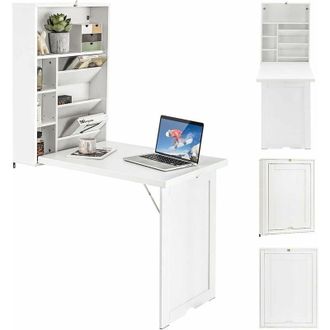 Costway Costway - Escritorio Plegable De Pared, Estantes Ajustables, Mesa Plegable Pared Para Ordenadores Port&aacute;tiles Que Ahorra Espacio, Mesa Plegable De Come