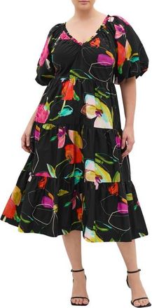City Chic Fantasy Floral Cotton Midi Dress in Floral Sketch at Nordstrom, Size Xxxs