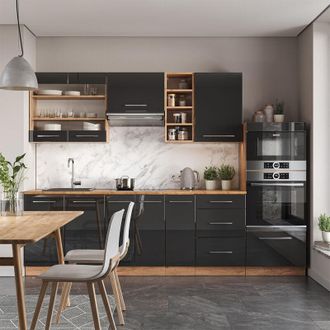 Vicco Mueble De Cocina Fame-line, Antracita Brillo Intenso/roble Dorado El&eacute;ctrico, 280 Cm Sin Encimera