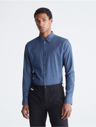 Calvin Klein Mens Dark Wash Chambray Slim Fit Button-Down Shirt - Navy - XS
