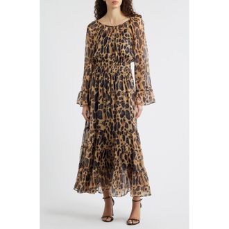 Melloday Smocked Bell Sleeve Maxi Dress in Black Leopard at Nordstrom Rack, Size X-Small