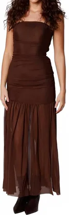 Nia Nola Shirred Strapless Mesh Maxi Dress In Espresso Brown