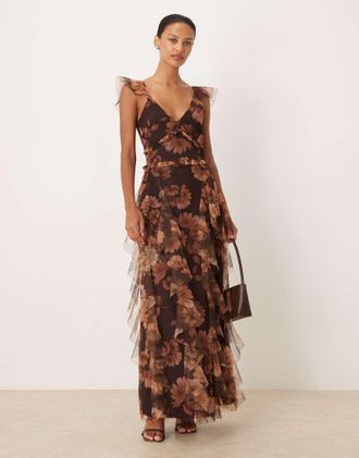 Lace & Beads Malin - Vestito lungo in tulle marrone con stampa e volant