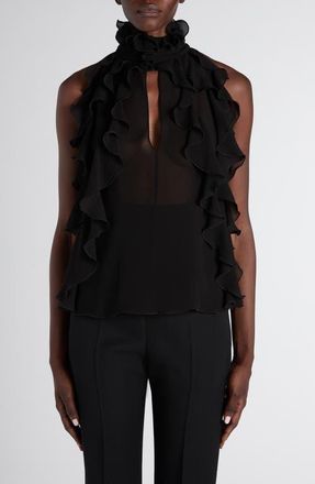 Alexander McQueen High Neck Ruffle Silk Georgette Top in Black at Nordstrom, Size 10 Us