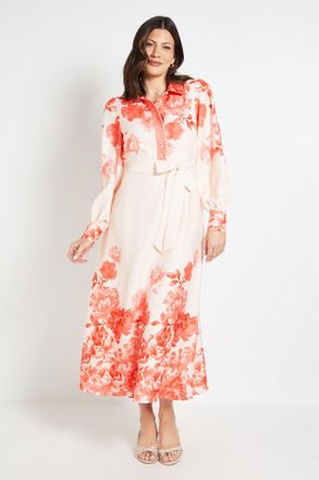 Wallis Womens Floral Belted Midi Shirt Dress - Orange - Size 12 UK