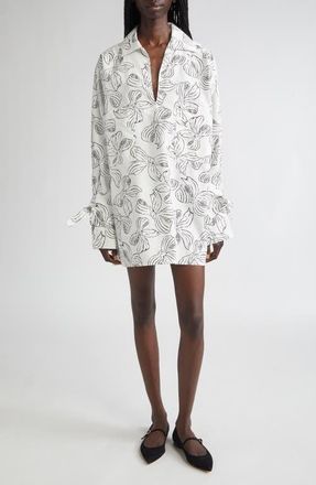 Max Mara Sansa Bow Print Long Sleeve Cotton Poplin Minidress in White at Nordstrom, Size 14