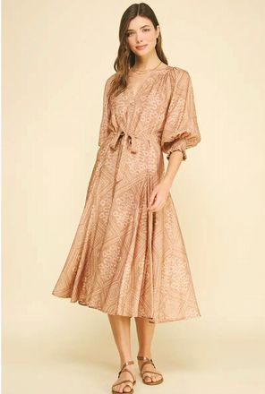 Pinch Design Geometric Print V-Neck Midi Dress In Brown