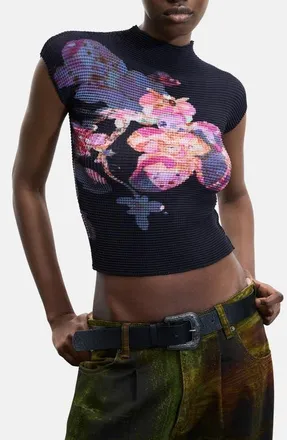 Desigual Floral Waffle Knit Top in Black at Nordstrom, Size Medium
