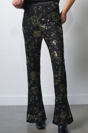 French Connection Womens Black Sequin Floral Design Satin Waist Flared Trousers - Size 14 UK