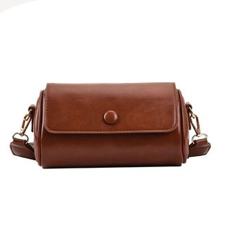 Generic Cylinder Crossbody Bag for Women Leather Flap Purse Handbag Barrel Purse Trendy Shoulder Bags with Wide Strap (Brown)