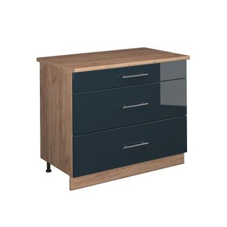 Vicco Mueble Bajo De Cocina Fame-line, Azul Oscuro Alto Brillo/roble Dorado, 100 Cm, Et Roble, Vicco