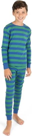 Leveret Two-Piece Printed Cotton Pajamas, Stripes, Animals & Characters in Striped Blue & Green at Nordstrom, Size 18-24M