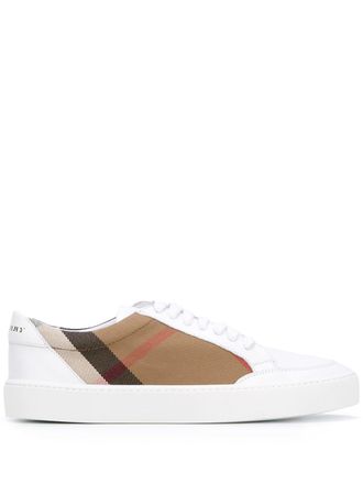Burberry Check Detail Leather Sneakers - women - Polyurethane/Cotton/Calf Leather/Sheep Skin/Shearling - 36.5 - White