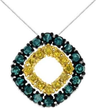 House of Brilliance Silver 1/2 Cttw Treated Blue and Yellow Diamond Double Square Pendant Necklace in White Metal, Blue Diamonds at Nordstrom