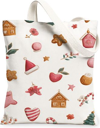 Generic Christmas Holiday Canvas Tote Bags, Festive Decor Pattern Reusable Grocery Bags, Winter Retro Lightweight Washable Shoulder, White, 13x15 Inch