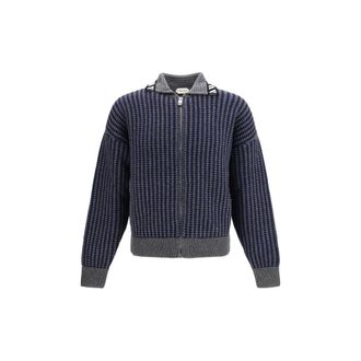 Versace Merino Wool Intarsia Knit Cardigan - Navy