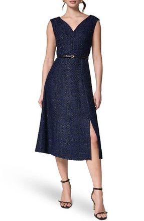 DKNY Belted Plaid Metallic Tweed Dress in Night Sky at Nordstrom, Size 12