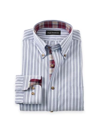 Paul Fredrick Slim Fit Non-iron Thermolite Flannel Stripe Dress Shirt With Contrast Trim