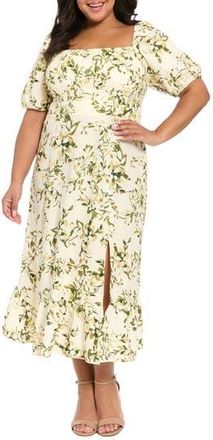 London Times Floral Puff Sleeve Empire Waist Linen Blend Dress in Ivory/Deep Olive at Nordstrom Rack, Size 22W