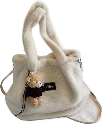 Generic Womens Plush Bags Fluffy Womens Handbag Winter Plush Shoulder Bag Large Capacity Fur Underarm(Beige,With pendant)