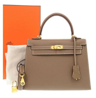 Herm&egrave;s HERM&Egrave;S Epsom Kelly 25 Etoupe with White Contrast Stitching and Gold Hardware