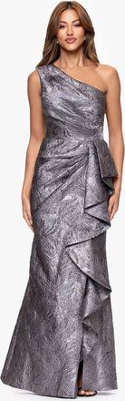 Xscape One Shoulder Ruffle Floor Length Jacquard Dress In Grey
