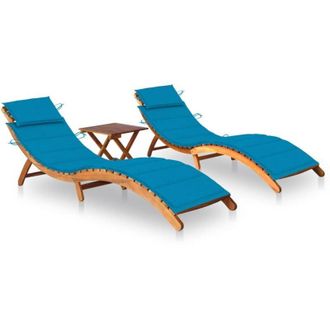 vidaXL Tumbonas 2 Unidades Con Mesa Y Cojines Madera Maciza De Acacia Vidaxl