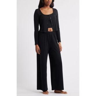 Open Edit 3-Piece Pointelle Knit Pajamas in Black at Nordstrom Rack, Size X-Large