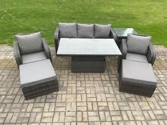 Fimous Outdoor Rattan Furniture Garden Dining Sets Adjustable Rising lifting Table Sofa Set With Chairs Side Tables in Dark Grey