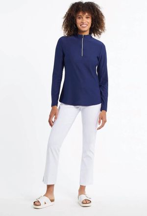 Tribal Long Sleeve Zip Up Mock Neck Top In Dark Navy