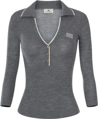 Elisabetta Franchi Truien & Vesten, Dames, Grijs, L, Wol, Ribgebreide poloshirt