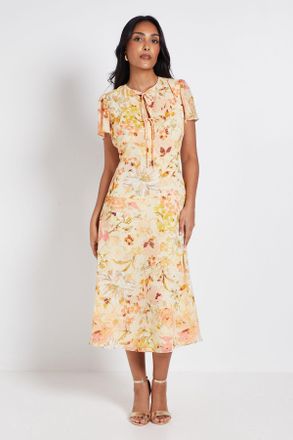 Wallis Womens Petite Floral Dobby Tie Front Midi Dress - Yellow - Size 10 UK