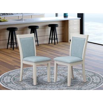 East West Furniture MZC0T15 Dining Room Chairs Set of 2 - Baby Blue Linen Fabric Seat and High Chair Back -Wire Brushed Linen White Finish (SET OF 2)