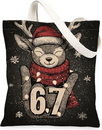 Generic Christmas Deer Canvas Tote Bags, Rustic Animal Print Reusable Shopping Bags, Holiday Lightweight Washable Shoulder Strap Ca, Black, 13x15 Inch