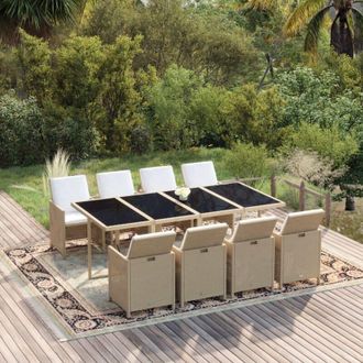 vidaXL Set Comedor De Jard&iacute;n 9 Pzas Con Cojines Rat&aacute;n Sint&eacute;tico Beige Vidaxl