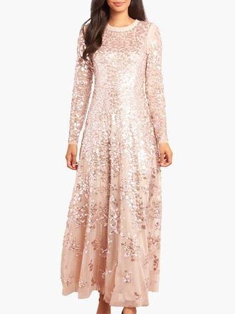Needle & Thread Rosanna Lattice Round Neck Gown in Oyster/metallic at Nordstrom, Size 10
