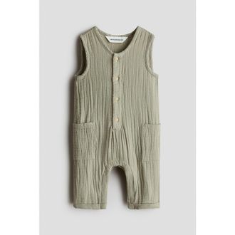 H&M Cotton Muslin Romper Suit in Khaki Green at Nordstrom, Size 0-3M