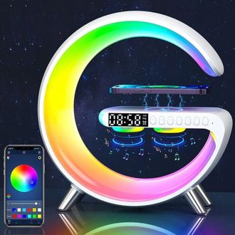 OEM L&aacute;mpara De Mesilla Con Cargador De Inducci&oacute;n De 15 W - Despertador Con Luz Bluetooth - 10 Modos De Color - Regulable - Sincronizaci&oacute;n De M&uacute;sica -crezu
