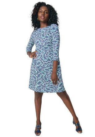 Jessica London Stretch Cotton Boatneck Shift Dress in Blue Ornate Scroll at Nordstrom, Size 26