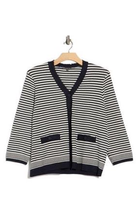 Adrianna Papell Frayed Trim Stripe Cardigan in Navy/Ivory at Nordstrom Rack, Size 2X