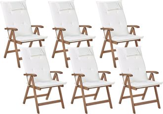 Beliani Conjunto De 6 Sillas De Jard&iacute;n R&uacute;sticas De Madera De Acacia Natural Ajustables Plegables Con Reposabrazos De Madera Oscura Cojines Blanco Crema Amante