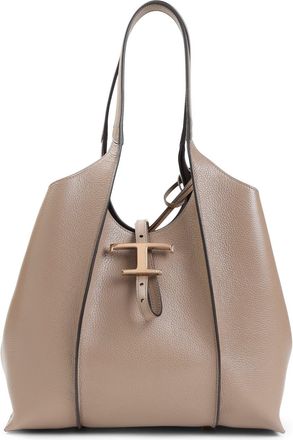 Tod's Light Clay Beige Grained Leather T Timeless Small Shopping Bag-Donna