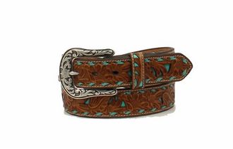 Nocona Belt Co. Floral Embossed Leather Western Belt In Brown/turquoise
