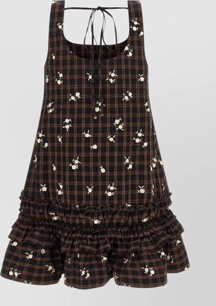 Ganni checked floral-embroidered sleeveless mini dress