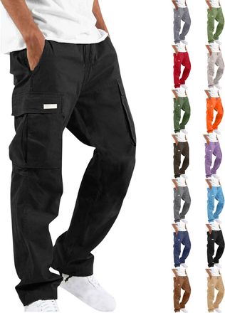 Generic Mens Cargo Pants Straight Leg Long Trousers with Pockets Drawstring Elastic Waist Utility Style Bottoms for Outdoor Fitness Casual Daily Wear Street O