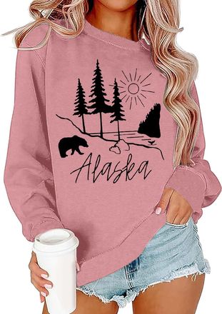 Generic Women Alaska bear Print Sweatshirt Crew Neck Long Sleeve Tops Basic Jumper Tunic Blouse Shirts