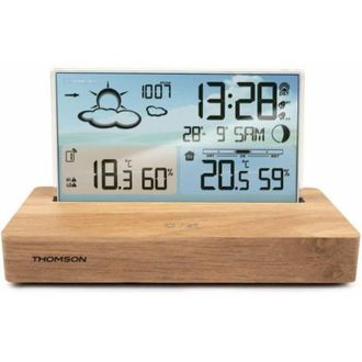 Thomson Reloj Despertador Estaci&oacute;n Meteorol&oacute;gica Thomson Madera Clara - Pantalla De Temperatura, Humedad, Doble Alarma, Usb-c, Sonda Inal&aacute;mbrica